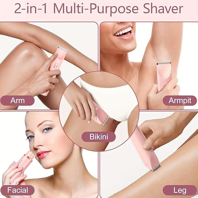 2025 Womens Shaver Dual-Head Bikini Trimmer for Women 2-in-1 Women's Body Shaver USB Charge Waterproof Painless Electric Razors for Silk Skin (Pink)