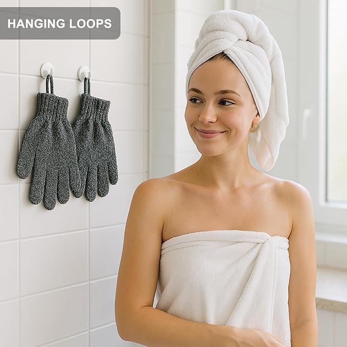 Exfoliating Gloves with Hanging Loop - 1 Pair Bamboo Charcoal Bath/Shower Gloves, Bath Gloves for Shower Exfoliating and Ingrown Hair/Dead Skin Remover - Bamboo Charcoal - Exfoliator Mitt Scrub Gloves