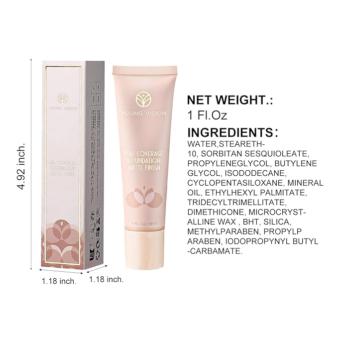 YOUNG VISION Full Coverage Longwear Foundation, Matte Finish, Waterproof, Poreless Liquid Foundation Makeup, Base de Maquillaje Alta Cobertura, 1 fl.oz