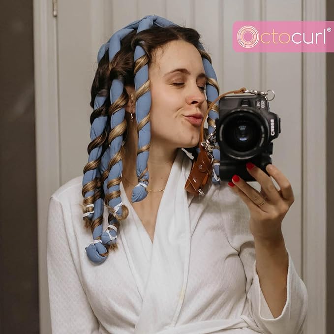 Octocurl Heatless Hair Curler - No Headband Octopus Curler - Overnight Curls for Medium Length Hair (QMax - Blue)