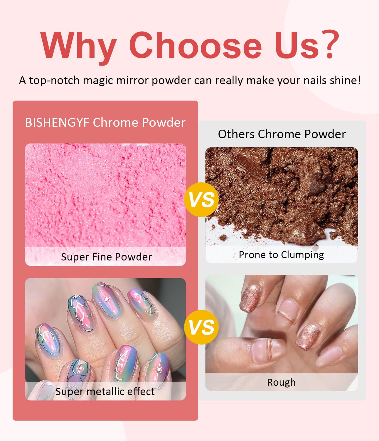 Pearl Chrome Nail Powder BISHENGYF -【Fairy Effect】 Pink Chrome Nail Powder White Pearlesent Aurora Mermaid Iridescent Nail Chrome Powder, Metallic Mirror Glitter Pigment Dust for Nail Art DIY 2PCS