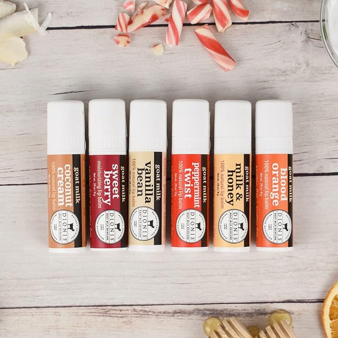 Dionis Goat Milk Lip Balm Deluxe Gift Box Set of 6 Vanilla, Coconut, Milk & Honey, Berry, Peppermint & Blood Orange Scented Chapstick - Shea Butter & Coconut Oil Gifts For Her, Protect & Restore Lips