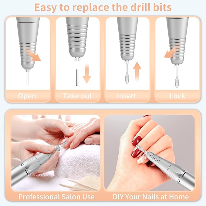 Portable Nail Drill Professional 35000 RPM, MOCOWIND Rechargeable Electric Nail File Machine for Acrylic Nails Gel Polishing Removing, Cordless E-File with Bits Kit for Manicure Salon Home, Black