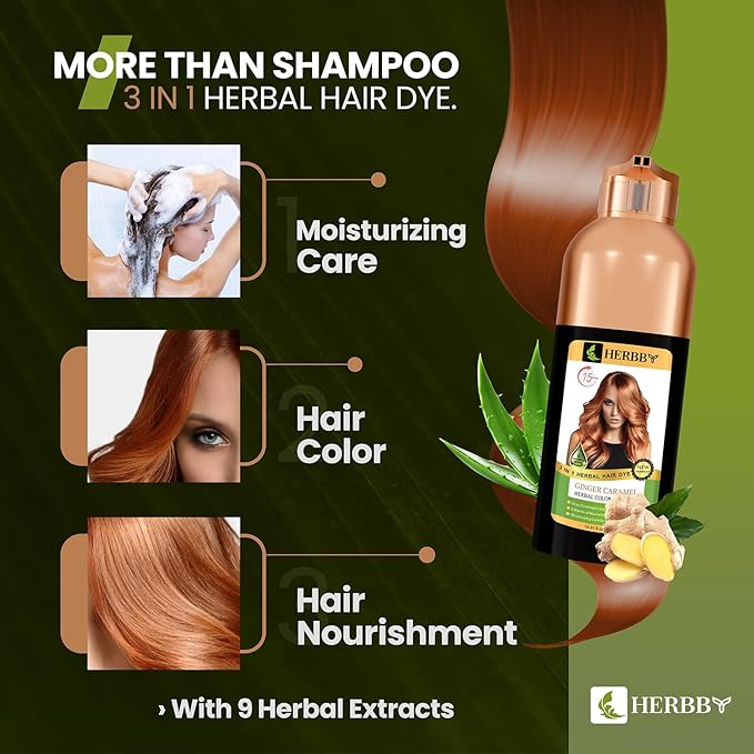 Hair Color Shampoo for Gray Hair Coverage&Color Transform with 9 Herbal Extracts –Long Lasting(6-8 Weeks),Shiny,Evenly Colored,Instant Hair Dye Shampoo&Conditioner,500 Ml (GINGER CARAMEL COLOR)