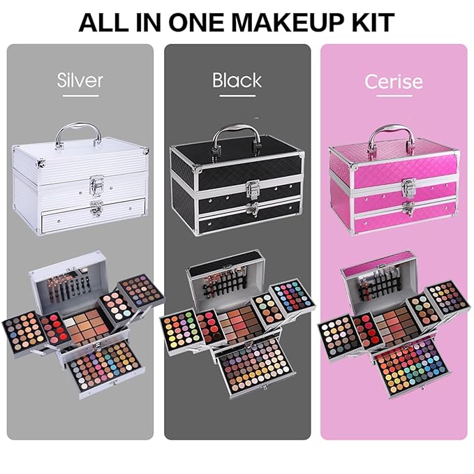 All in One Makeup Gift Set for Women Girls Full Kit, Includes Eyeshadow, Lipstick, Concealer, Highlighter, Eyebrow Powder, Blush, Contour, Lip Liners, Eyeliner, Brushes (Cerise)