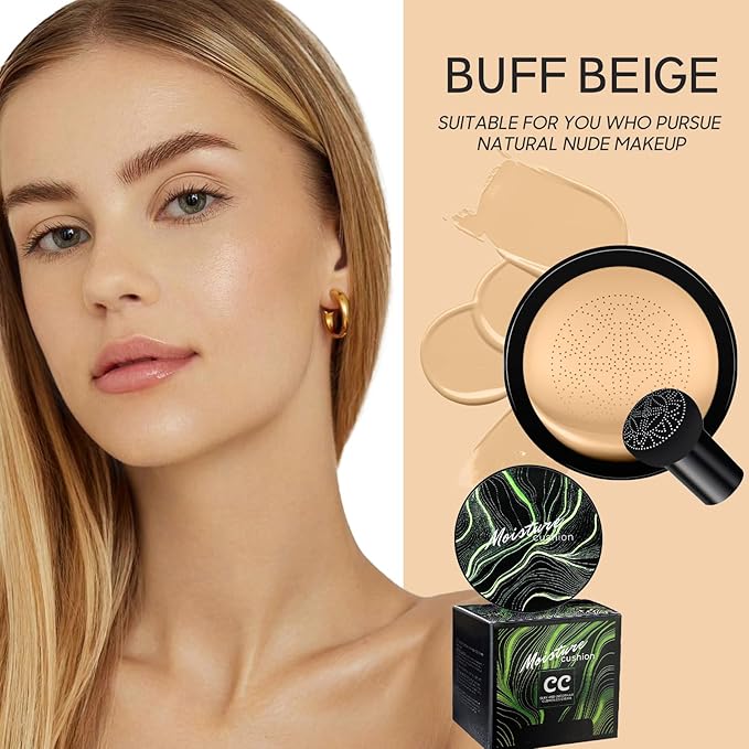 Mushroom Head Air Cushion CC Cream - BB Cream Foundation Makeup Moisturizing Concealer Long-Lasting, Cushion Foundation Full Coverage Self Adjusting for Mature Skin & All Skin Types (Buff Beige)
