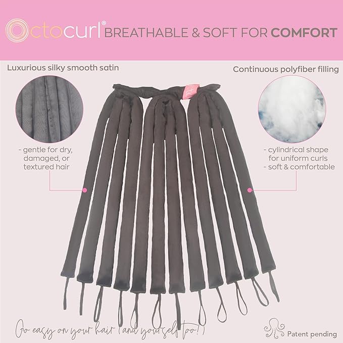 Octocurl Heatless Hair Curler - No Headband Octopus Curler - Overnight Curls for Long Hair (Satin - Black)