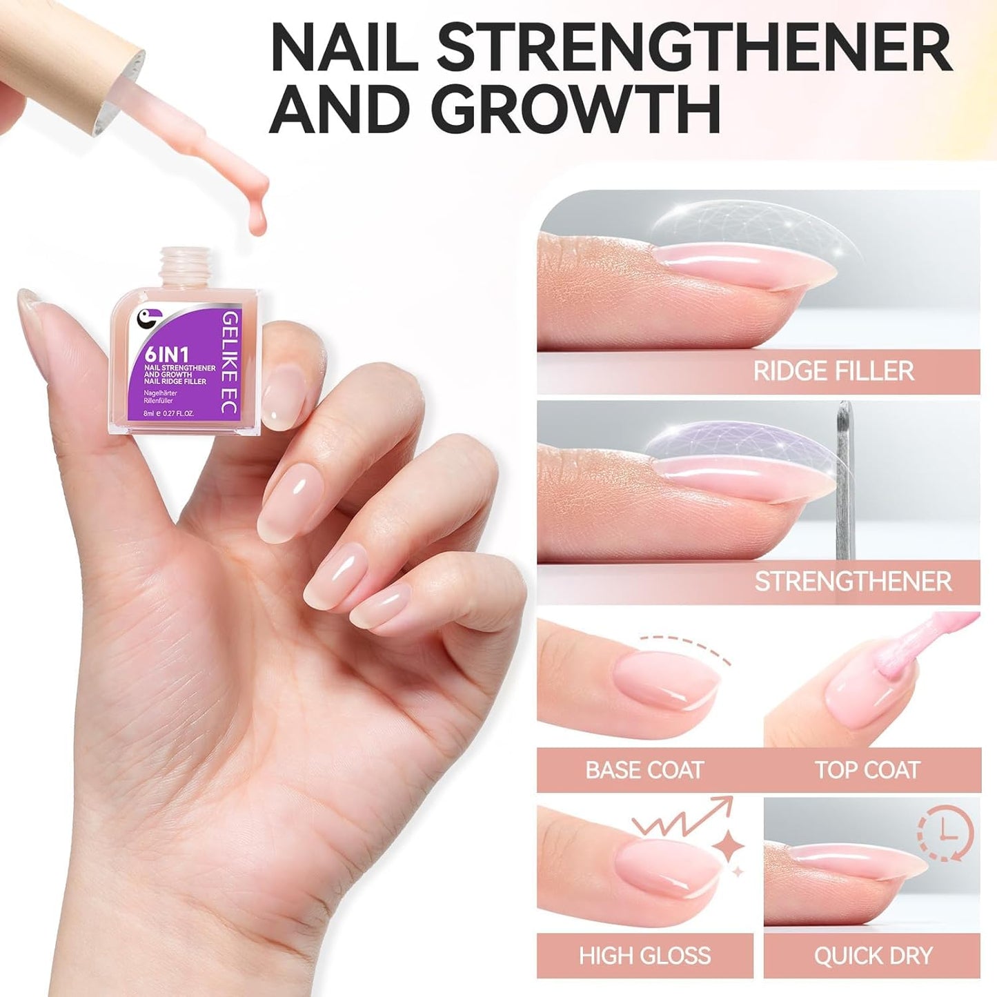 Nail Strengthener Protein for Damaged Nails: Pink 6 in 1 Natural Nail Hardener Extra Strong and Growth - Long Lasting Repair for Damaged Nails - Growth Oil for Salon Home Daily Work