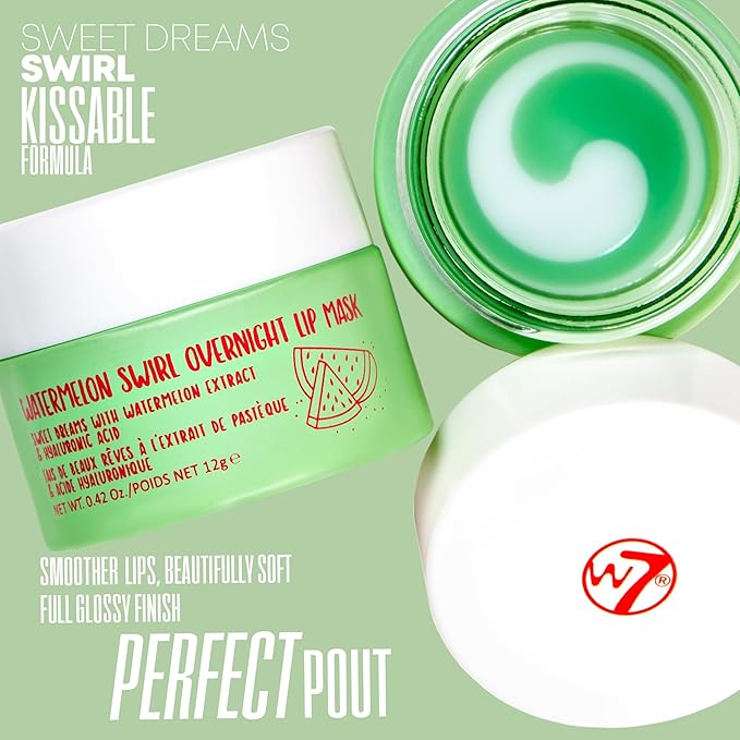 W7 Sweet Dreams Overnight Watermelon Swirl Lip Mask - Watermelon Fruit Extract & Hyaluronic Acid - For Hydrated, Full Looking & Irresistible Lips