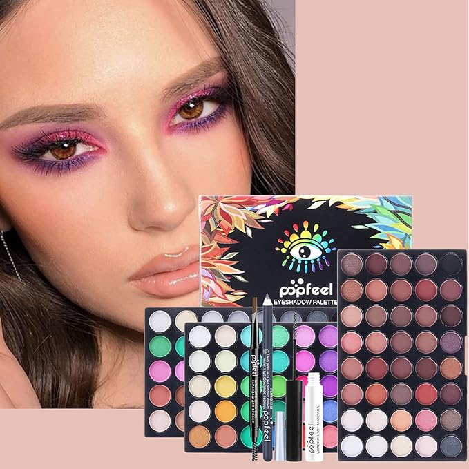 All in One Makeup Set Holiday Box, Essential Starter Bundle Include Eyeshadow Concealer Lipstick Lip Gloss Eyeliner Eyebrow Pencil Lip Balm Face Powder, Full Makeup Kit for Women Girls