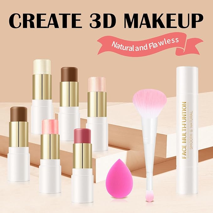 8 PCS Contour Stick Makeup Contour Kit,Double-ended Design with Highlighter,Blush and Bronzer Stick,Lightweight,Easy to Sculpt,Create a Matte and Dewy Finishing Makeup(Set B)