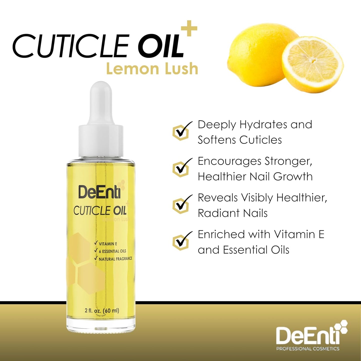 DeEnti Cuticle Oil, Jojoba Oil for Nails, 2oz Hydrating Cuticle Nail Oils, Lush Lemon Scented Cuticles Repair, Vitamin E Nail Supplies, Professional Salon Quality Manicure Supplies