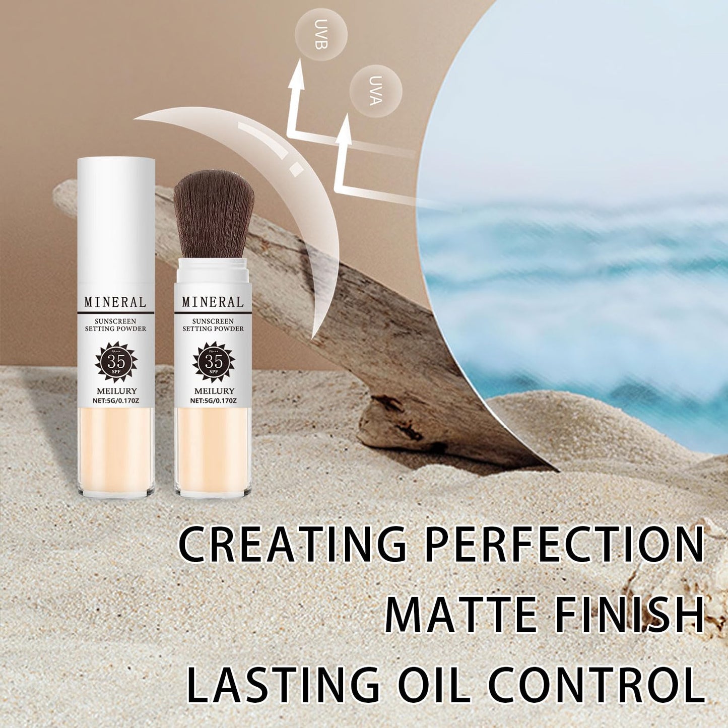 Sunscreen Setting Powder SPF 35, Mineral Brush Powder for Face & Scalp, Oil Control Natural Matte Finish Loose Powder Translucent Lasting Lightweight Breathable for All Skin (#05 Medium)