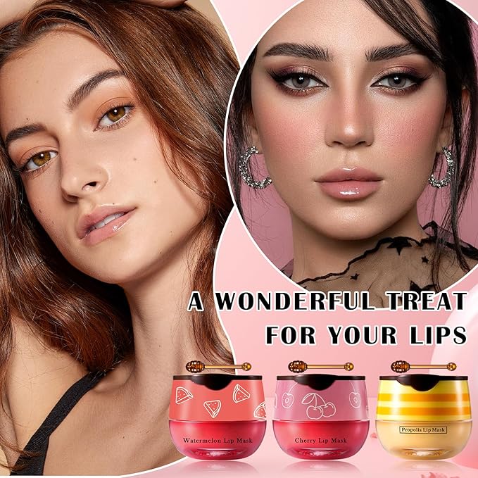 Honey Pot Lip Balm,3PCS Bee Lip Balm Honey Pot Cherry Watermelon Lip Scrub,Fade Lip Lines Prevention Dry and Cracked Lip Mask Overnight (Honey+Watermelon+Cherry)
