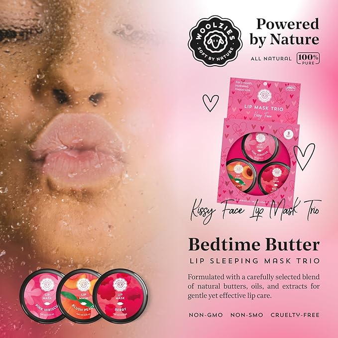 Overnight Lip Sleeping Masks Trio - Set of 3 All Natural Hydrating Lip Treatment - Overnight Repair for Soft, Smooth, Hydrated Lips (3 Pack, Kissy Face)