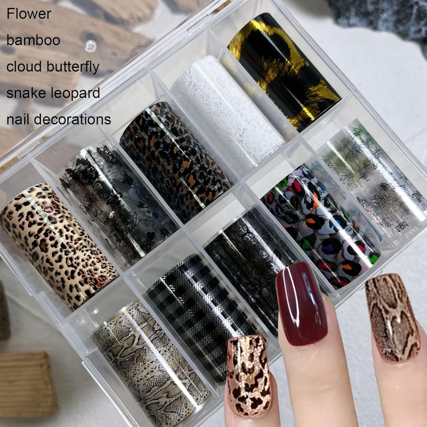 Nail Art Transfer Foils Set, 10 Designs, Animal Print and White and Black Flower Patterns,Holographic Stickers for DIY Acrylic Nails Manicure Decoration 39.37 x 1.57 inches (10)