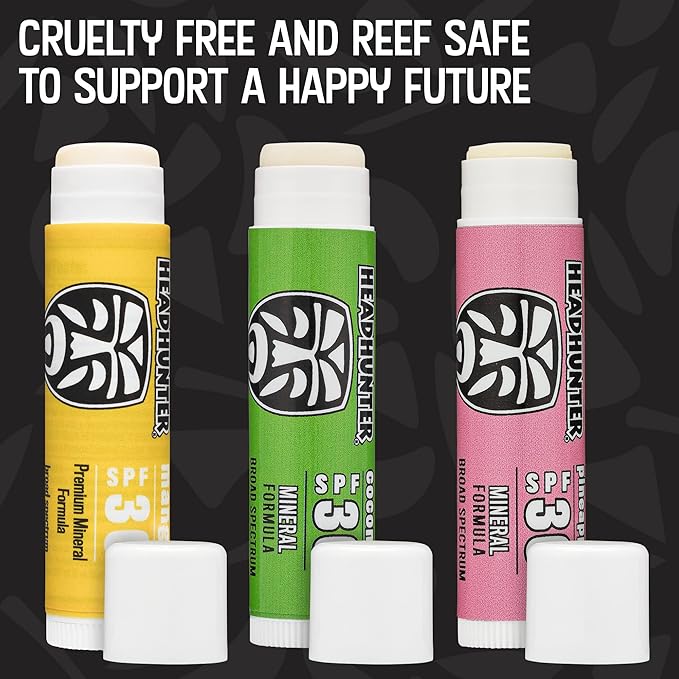 Headhunter Sport Chapstick Sunscreen SPF 30, Natural Mineral Waterproof Lip Balm For Sun Protection, Ultra Solar Defense - Reef Safe Sunblock Chap Stick, 3 Flavors - Coconut, Pineapple, Mango (3 Pack)