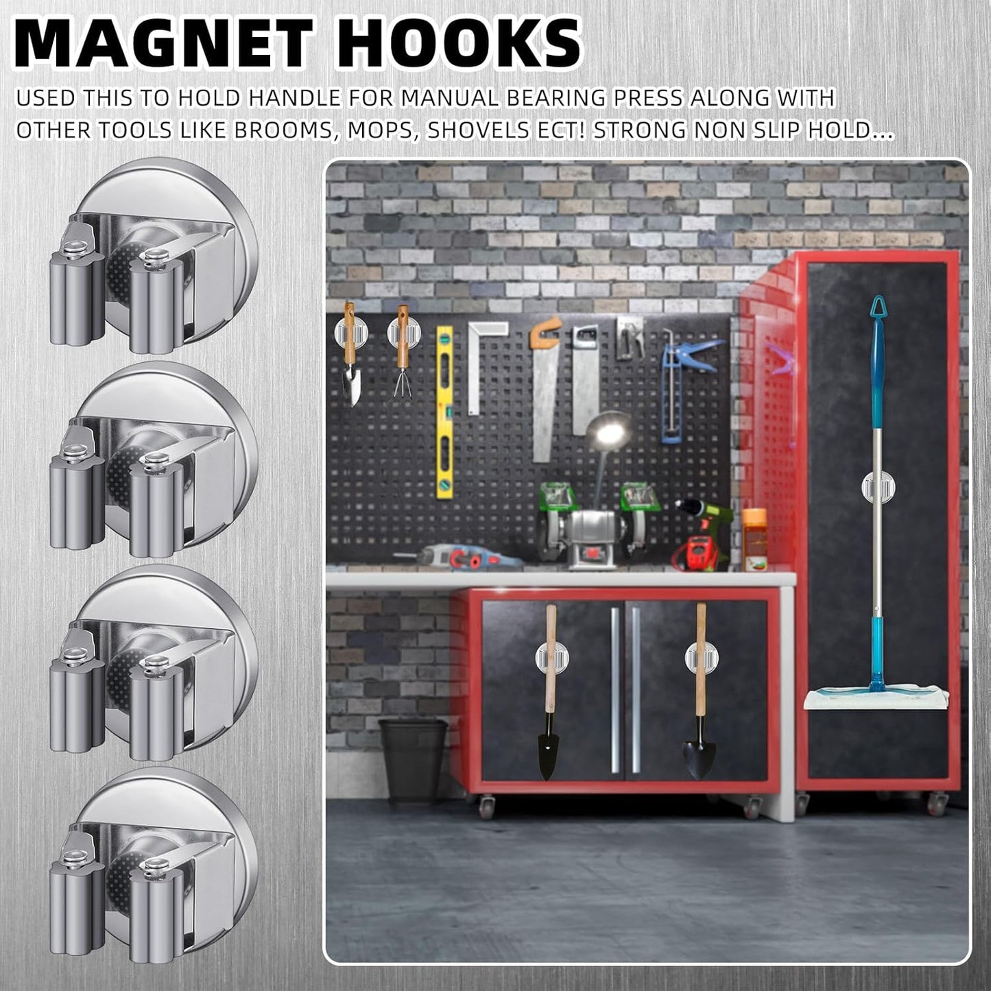 4 Pcs Magnetic Mop Broom Holder Movable Magnetic Broom Holder Rack, Anti Slip Wall Mounted Utility for Cleaning Tools, Garage, Kitchen, Laundry, Garden (Silver)