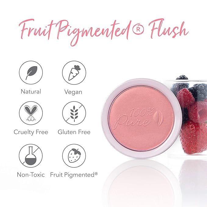 100% PURE Powder Blush (Fruit Pigmented), Chiffon, Soft Shimmery Finish, Nourishes Skin w/Rosehip Oil, Cocoa Butter, Natural Makeup (Soft Pink) - .32 oz