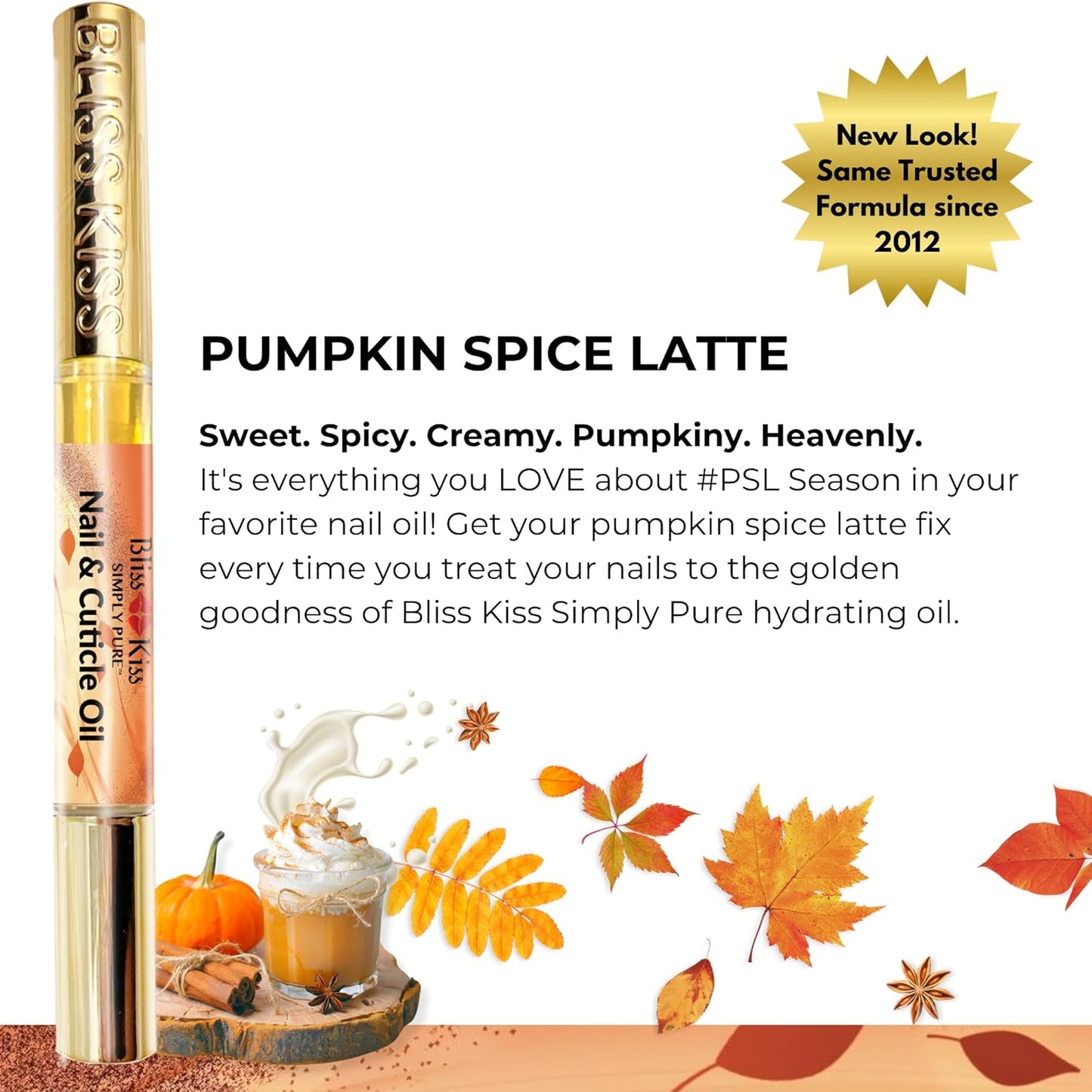 Bliss Kiss | 1 Pumpkin Spice Latte Fragrance | Nail Oil Cuticle Pen w/Vitamin E & Jojoba⏤Nail Strengthener Nail Growth Serum for Brittle Peeling Breaking Thin Nails