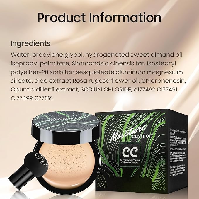 Air Cushion CC Cream Foundation - Mushroom Head BB Creams, Long Lasting Concealing Brightening, Moisturizer Face Cream,Facial Skin Care Makeup For All Skin Types (Natural)