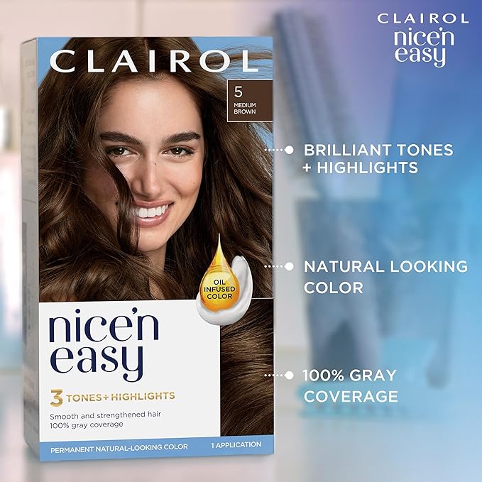 Clairol Nice'n Easy Permanent Hair Dye, 5M Medium Mahogany Brown Hair Color, Pack of 3