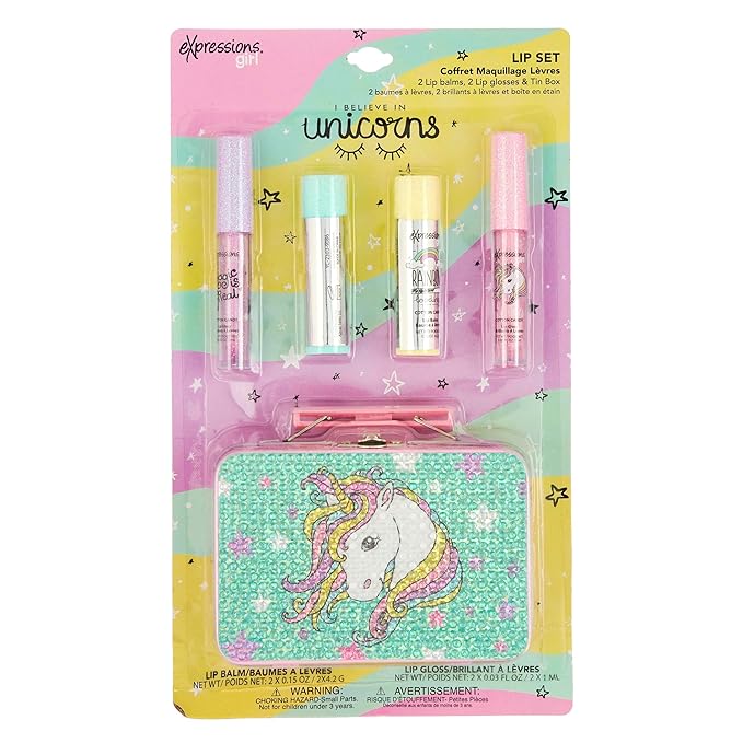 Expressions 5pc Cosmetics Lip Kit For Kids w/Lip Glosses, Lip Balms & Tin Box Storage Case I Believe in Unicorns Rhinestone,Washable + Non Toxic