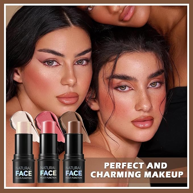 Highlighter Stick Cream Blush Stick Bronzer Contour Stick Makeup,3 PCS Cream Contour Kit with Contour Brush,Long Lasting & Professional Highlighters Makeup Stick for Beginner-Set B