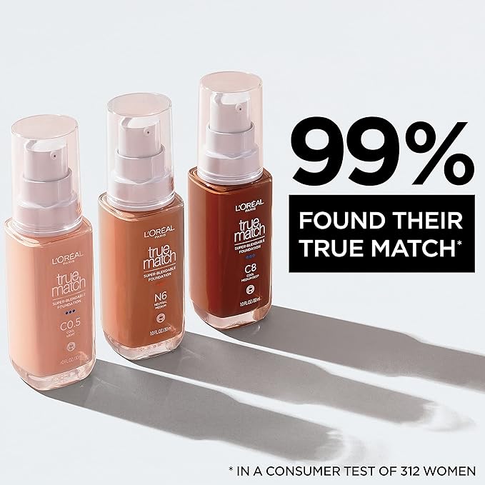 L'Oreal Paris True Match Super-Blendable Foundation, Medium Coverage Liquid Foundation Makeup, W1, Light, 1 Fl Oz