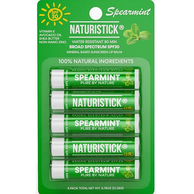 Naturistick SPF 30 Vegan Lip Balm β Mineral Sunscreen with Zinc Oxide | Broad Spectrum UVA/UVB Protection | 100% Natural, Coral-Friendly Formula | Oxybenzone Free | 5-Pack Spearmint | Made in USA