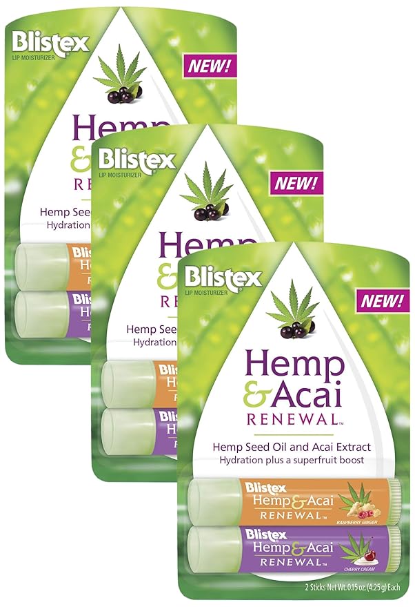 Blistex Hemp & Acai Renewal Lip Balm, 0.30 Ounce, 2 Count – Raspberry Ginger & Cherry Cream, Moisturizing Lip Balm, Super Fruit Benefits, Nourishes & Conditions Lips (Pack of 3)