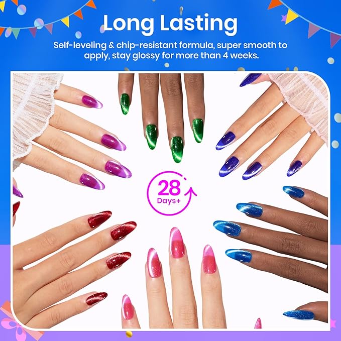 Beetles Cat Eye Gel Nail Polish, 6 Colors Summer Cat Eye Glitter Gel Polish Set Neon Red Pink Purple Blue Green with Magnet Velvet Gel Kit French Nail Art Manicure Gift for Women
