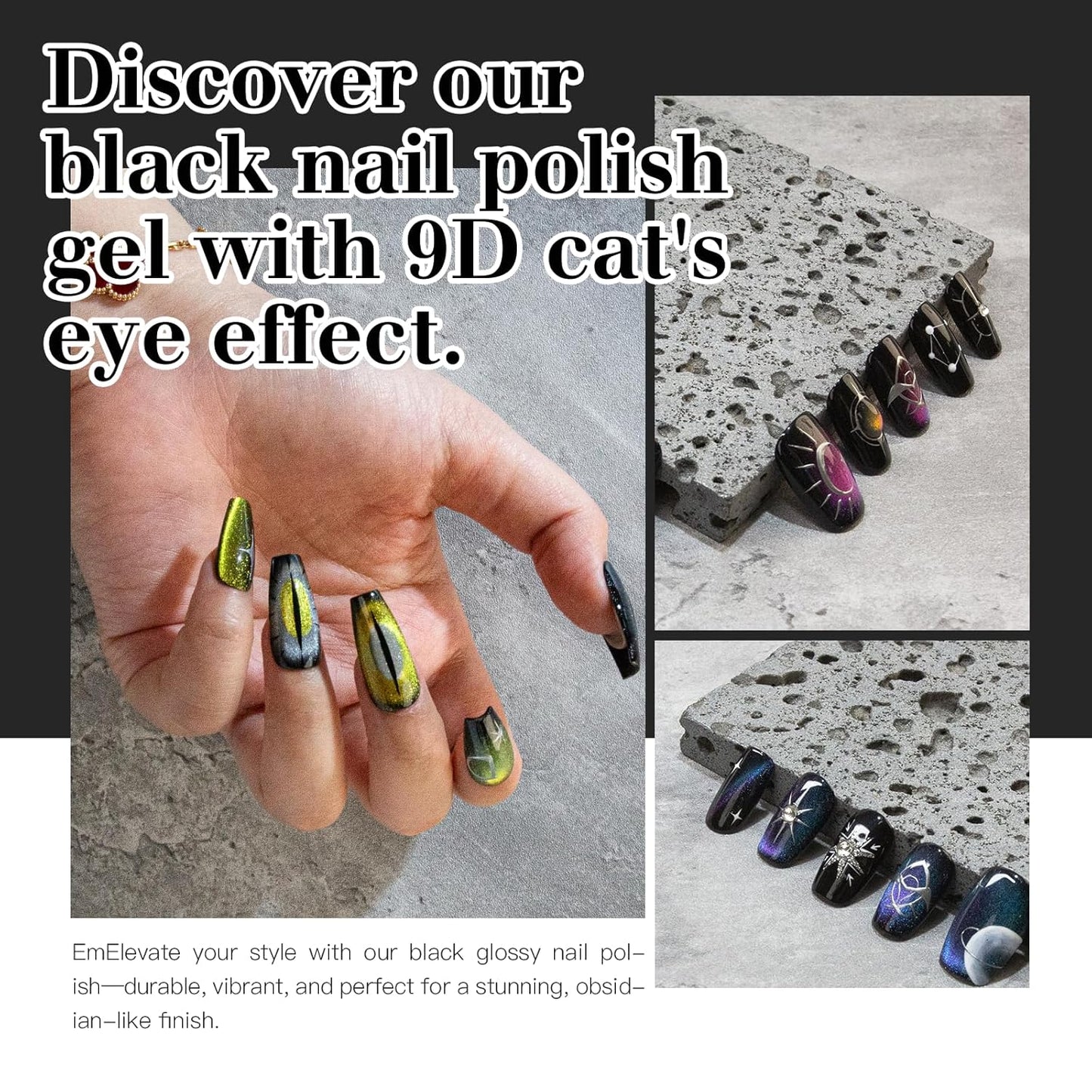 9D Cat Eye Gel Nail Polish Set, 15ml Obsidian Black Cat Eye Gel, Includes Silicone Handle Cylinder Magnetic Stick for Mesmerizing 9D Effects