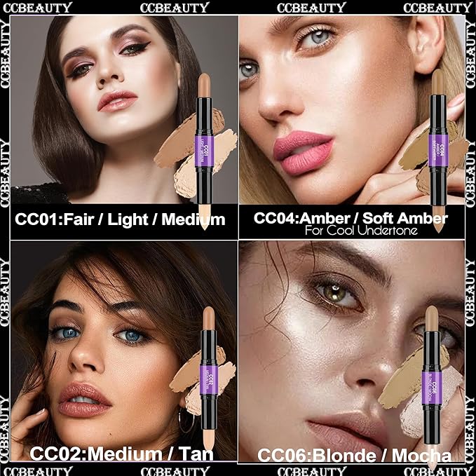 CCbeauty 2-IN-1 Contour Stick Makeup,Cream Shimmer Highlighter Bronzer Stick, Highlighting Contouring Kit, Highlight Concealer Sticks for Face Shaping Make up, Long Lasting & Waterproof