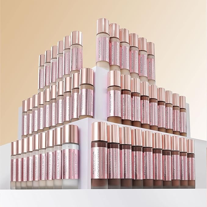 Revolution Beauty, Conceal & Define Foundation, Full Coverage, Long-Lasting Matte Finish, Vegan & Cruelty Free, F12 Medium to Dark Skin Tones, 0.8 Fl.Oz.