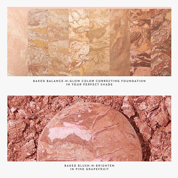 Blush-n-Glow Kit (3 PC): LAURA GELLER NEW YORK Baked Balance-N-Glow Illuminating CC Powder Foundation Golden Medium, Retractable Kabuki Brush, Baked Blush-N-Brighten Pink Grapefruit