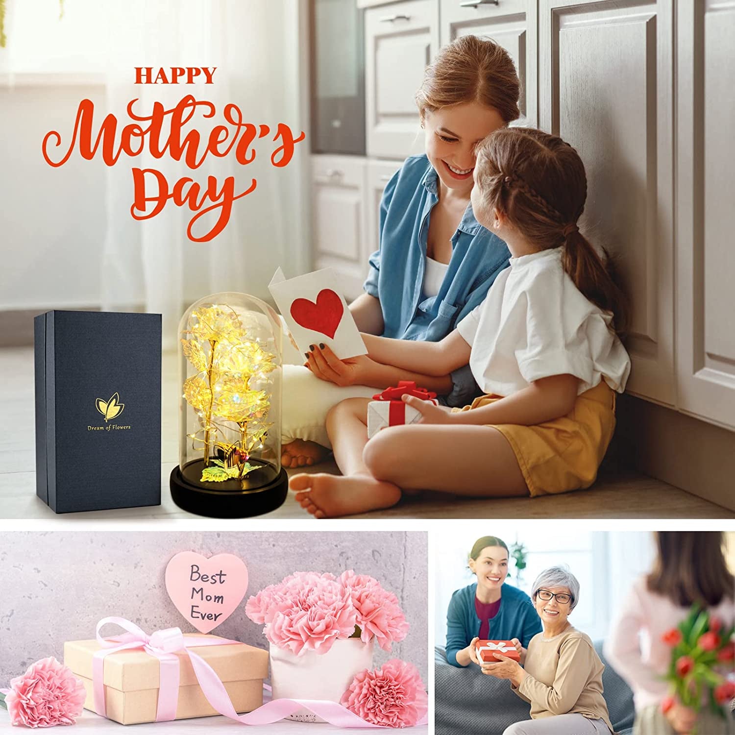 Mothers Flowers Gifts for Mom,Birthday Gifts for Women,Beauty and the Beast Rose,Colorful Rainbow Light up Rose in a Glass Dome Mom,Women,Wife'S,Grandma