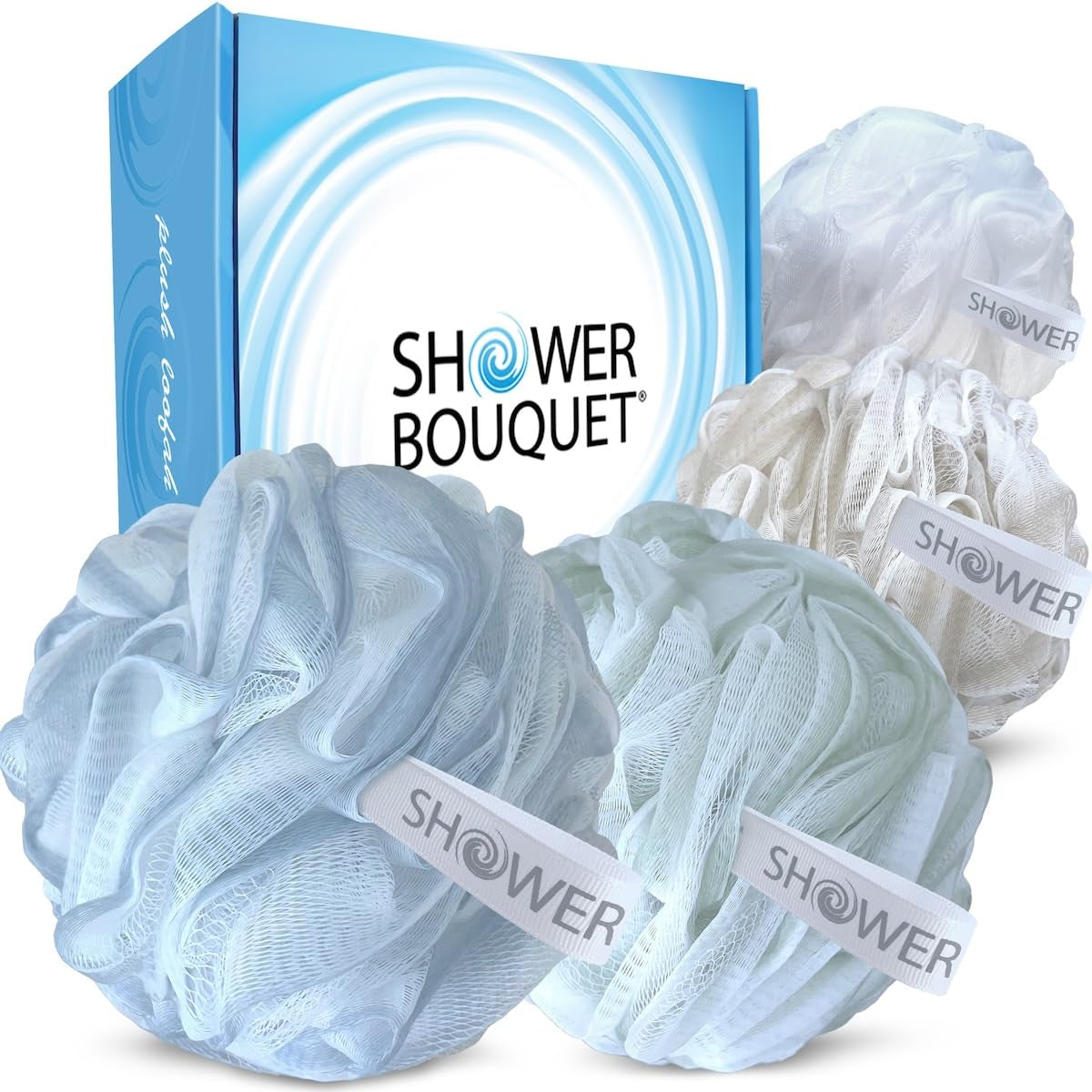 Loofah-Charcoal Bath-Sponge Xl-Color-4-Pack // Extra Large 75G Soft Mesh Black Luffa Loofa Loufa Puff Set/Exfoliating Body Scrubber for Women and Men - Exfoliate & Soothe Face & Body
