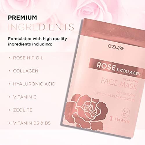 AZURE Rose & Collagen Hydrating Facial Sheet Mask - Toning, Lifting & Deeply Moisturizing - Reduces Fine Lines & Wrinkles, Reduces Signs of Aging & Dry Patches - Skin Care Made in Korea - 10 Pack