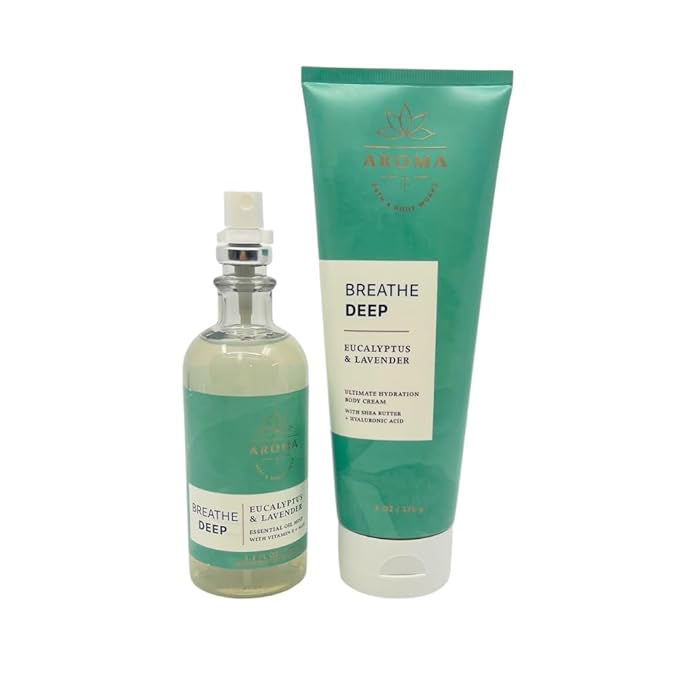 Bath & Body Works Aromatherapy Breathe Deep Eucalyptus & Lavender Gift Set with a Red Bow for Holidays & Gifts – Essential Oil Mist & Body Cream