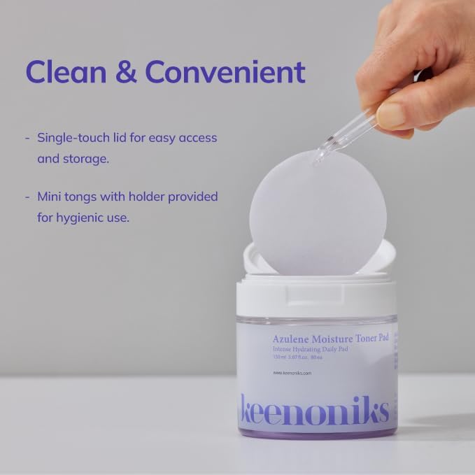 Azulene Moisture Toner Pad - Anti-flammatory & Hydrating Facial Pad with Chamomile Extract, Panthenol & AQUAXYL for Red, Sensitive SkinㅣKorean Skincareㅣ 80 Pads (5.07 Oz)