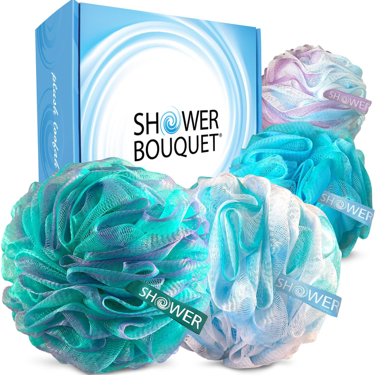 Loofah-Charcoal Bath-Sponge Xl-Color-4-Pack // Extra Large 75G Soft Mesh Black Luffa Loofa Loufa Puff Set/Exfoliating Body Scrubber for Women and Men - Exfoliate & Soothe Face & Body