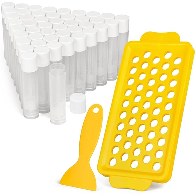 LotFancy Lip Balm Tubes with Filling Tray and Spatula, 50Pcs 5.5ml (3/16 Oz) Clear Lip Balm Containers with White Caps, BPA Free & Leak Free Lip Balm Making Kit