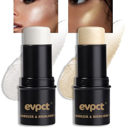 evpct 2Pcs Face Cream Makeup Highlighter Highlight Contour Stick Pearl White & Gold Glitter Contouring Highlighter Makeup Stick and Contour Illuminator Highly Piamented Long Lasting Skin Brighten 9+12