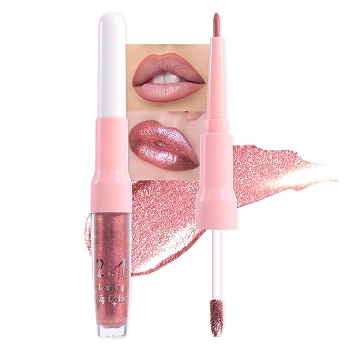 evpct Pine Red Metallic Glitter Lip Liner and Lipstick Combo Lip Gloss Stain Set Makeup for Women Long Lasting Waterproof 24, Warm Pink Metallic Shimmer Frosted Iridescent Shiny Liquid Lipstick 09