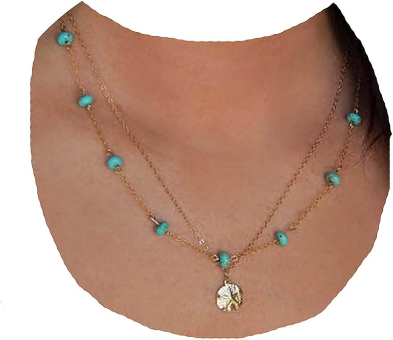 Boho Layered Coin Turquoise Necklace Gold Hammered Coin Disc Pendant Necklace Vintage Necklace Chain Jewelry for Women