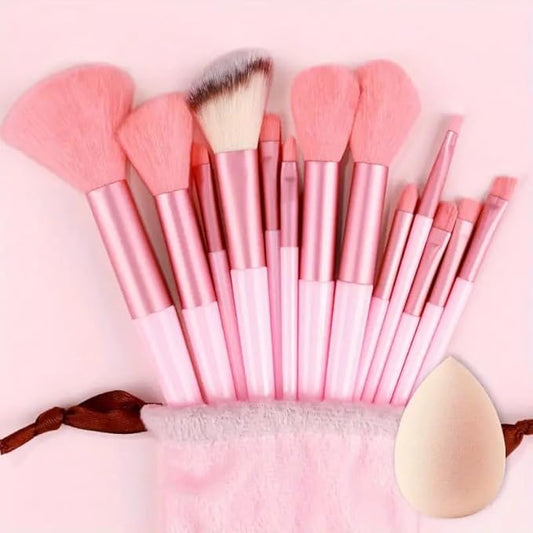 Foundation Makeup Brush Set Kit | 13 Pcs Premium Synthetic Kabuki Eye Shadows Make Up Brushes + 1 Sponge + 1 Brush Bag for Travel and Home Use (PINK)