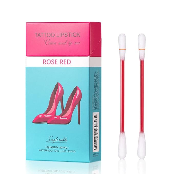 FLIPNEX 20Pcs Cotton Swab Tattoo Lipstick, Tattoo Lipstick Cotton Swab Lip Tint, Waterproof and Long Lasting Liquid Non-Stick Portable Lip Gloss (Rose)
