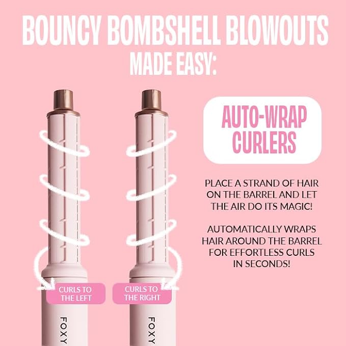 FoxyBae Super Styler Pro Interchangeable 5 in 1 Hair Styler Wand Curling Iron Set - w/Drying Cylinder, Ceramic Blowout & Round Brushes, 2 Auto-Wrap Curlers - Frizz-Free, Smooth Hair [Blush]