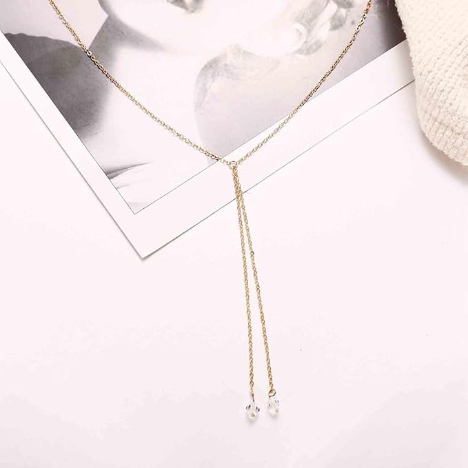 Boho Crystal Drop Necklace Gold Crystal Tassel Y Necklace Chain Vintage Long Drop Chain Necklace Minimalist Necklace Chain Jewelry for Women and Girls Gifts